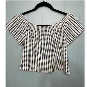 Zara Off Shoulder Blue & White Plaid Shirt, Size Small